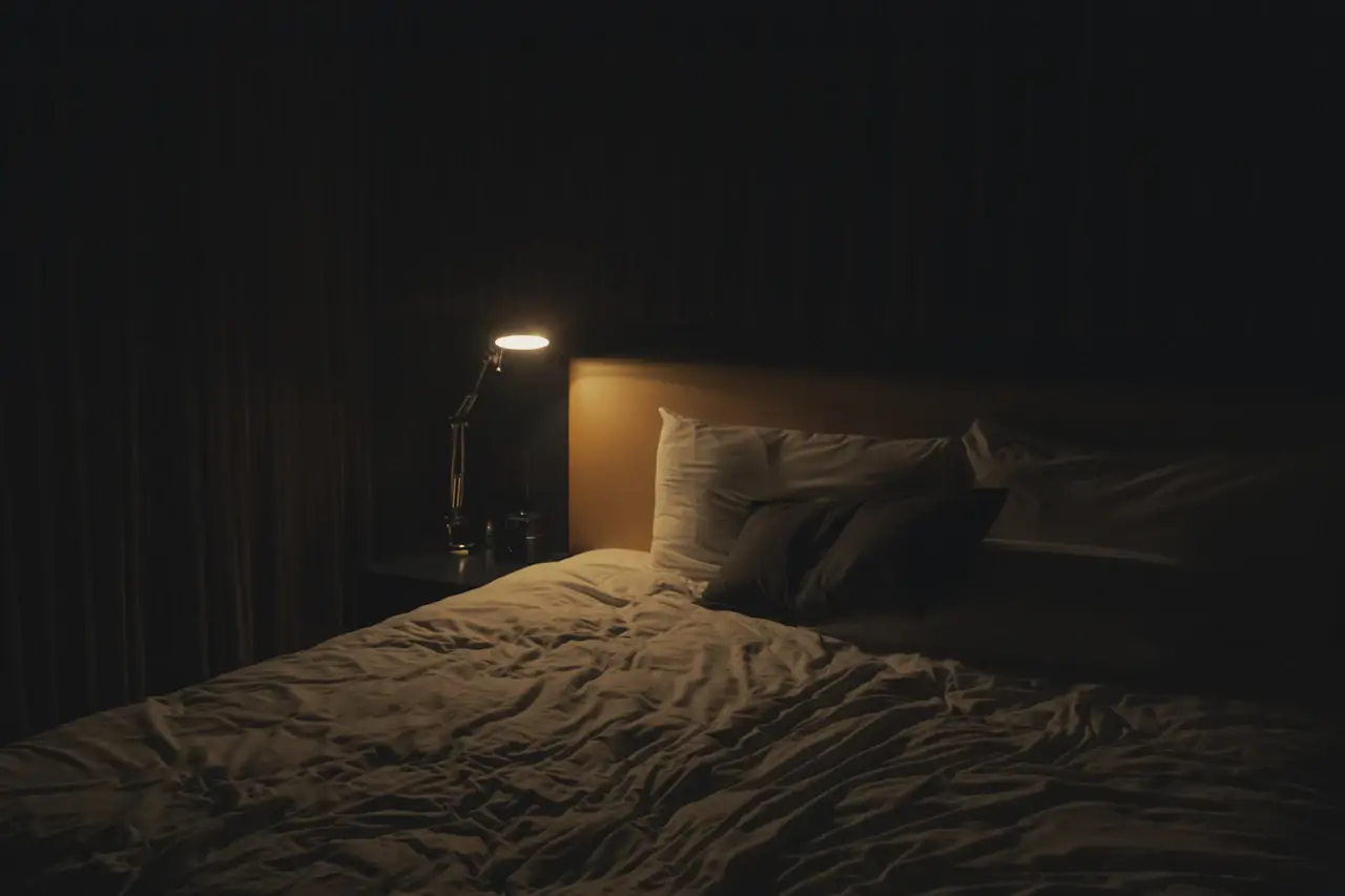 A softly lit bed beside a bedside lamp at night