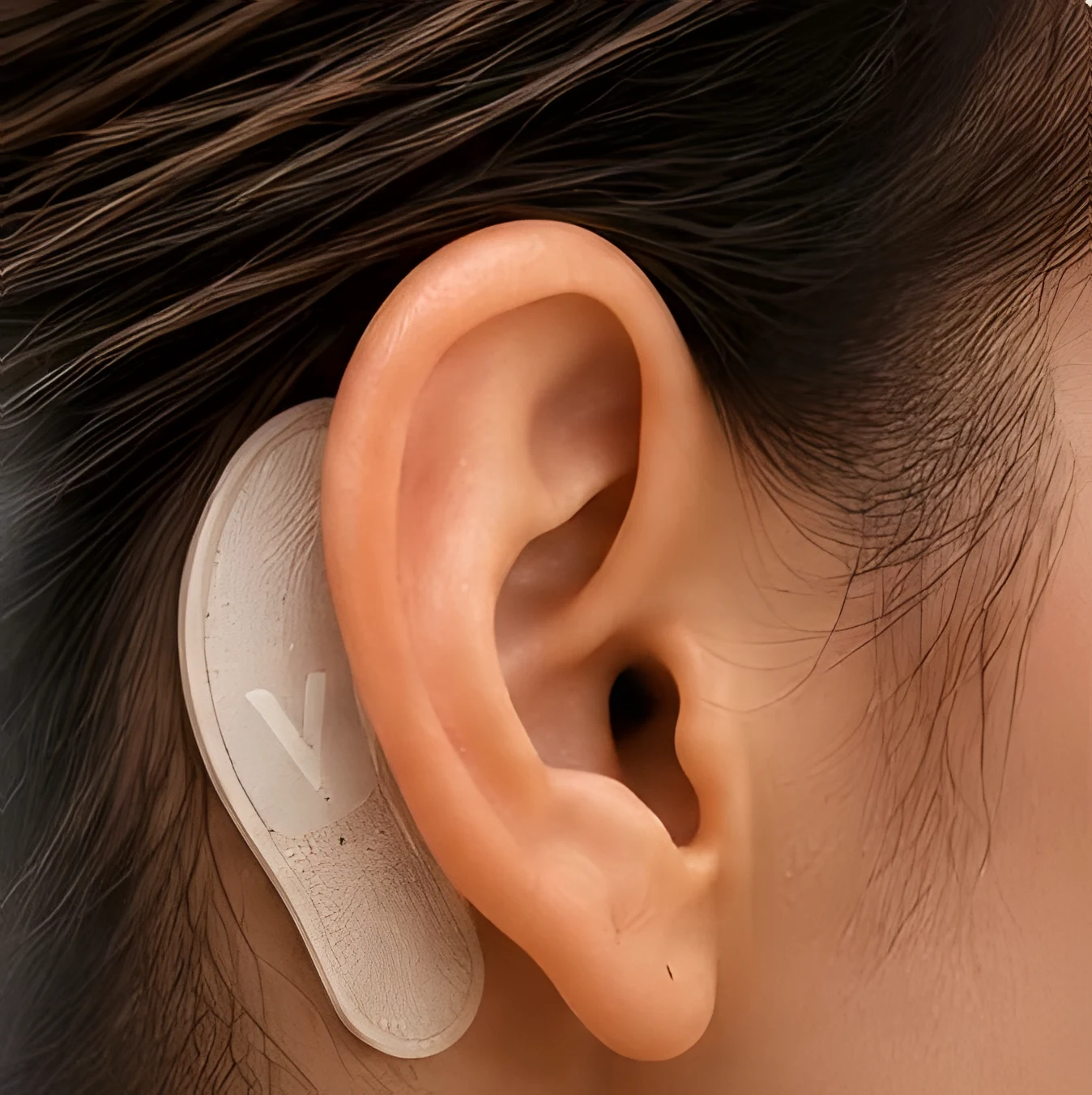 The Sevyn8 behind-the-ear patch worn just behind a person's ear