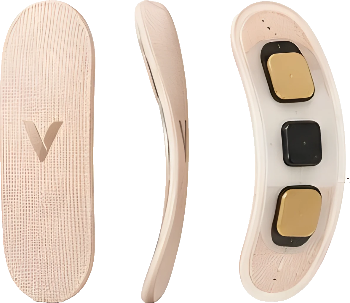 The Sevyn8 behind-the-ear patch from the front, side and back, showing its sensor pads