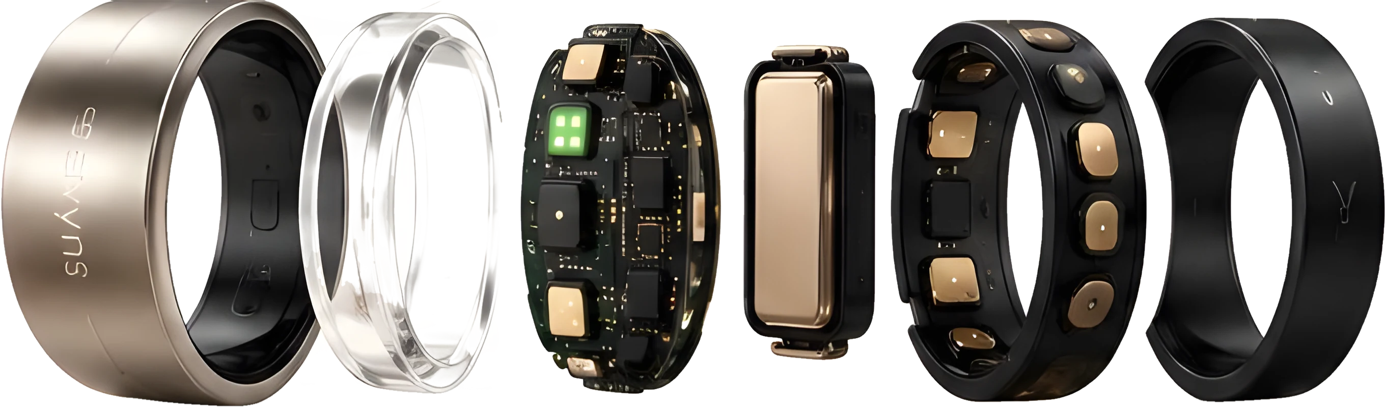 Exploded view of the Sevyn8 Ring: outer shell, clear protective layer, sensor board, battery, sensor band and inner shell