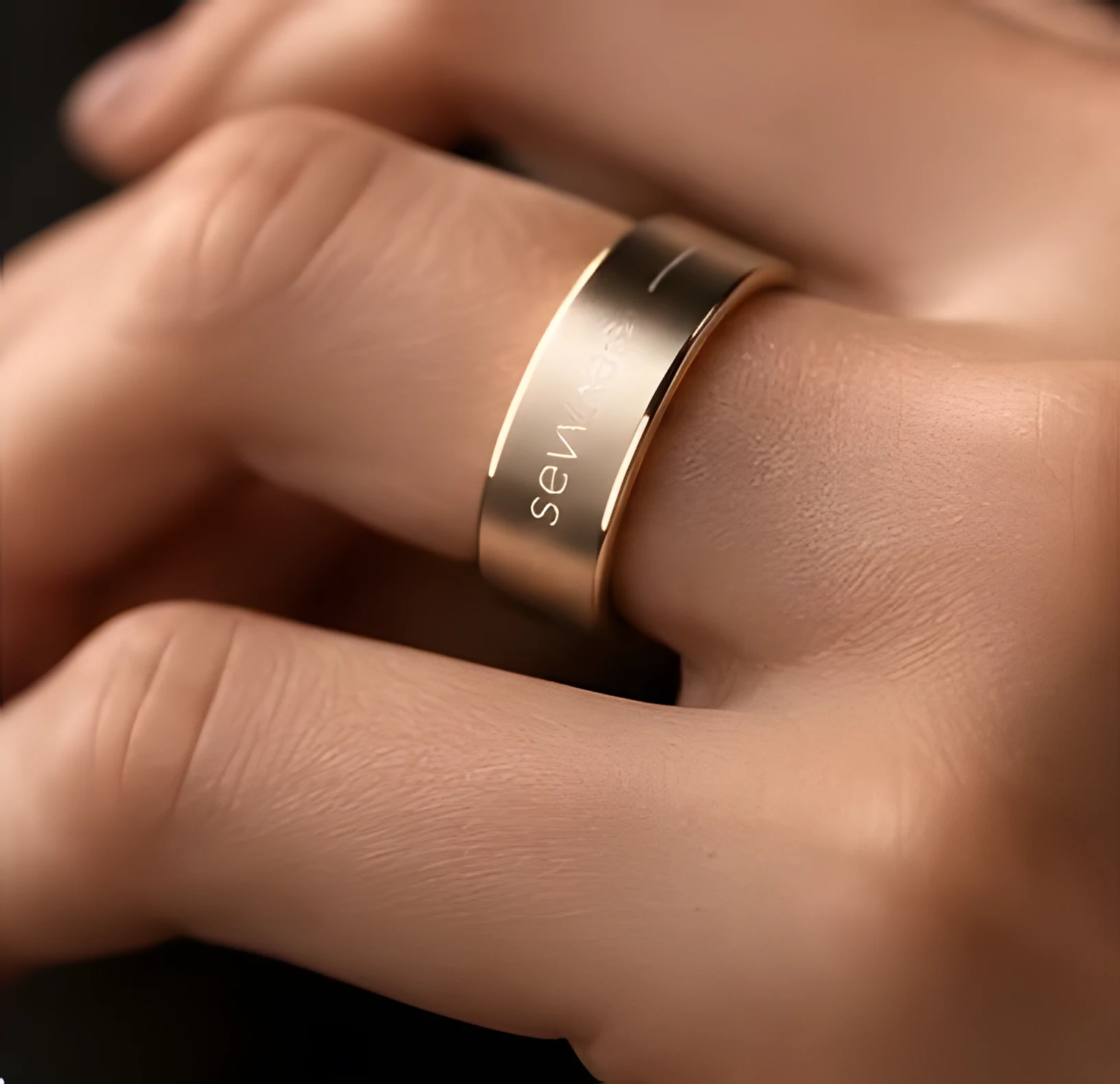 The Sevyn8 Ring worn on a finger, close up