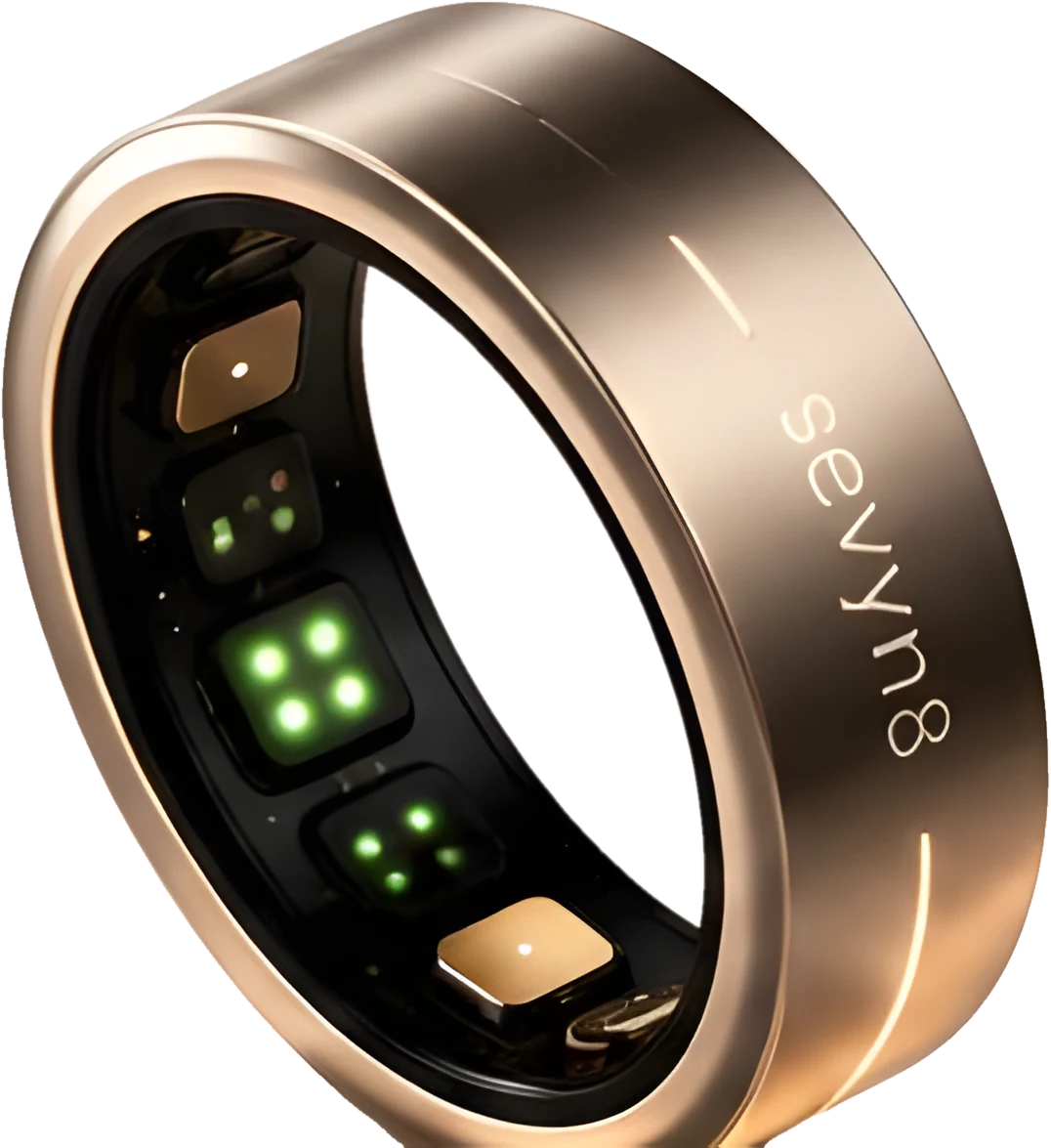 The Sevyn8 Ring in champagne gold, showing the sensor windows on the inside of the band